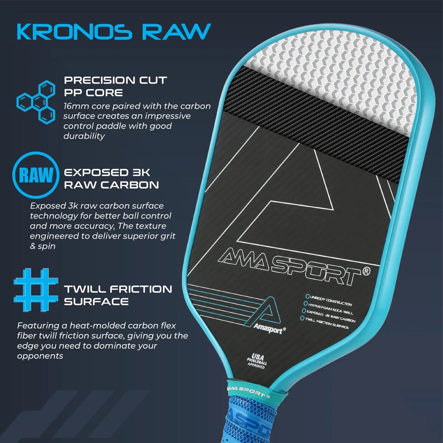 Amasport Kronos Pickleball Paddle 3K Carbon with Cover