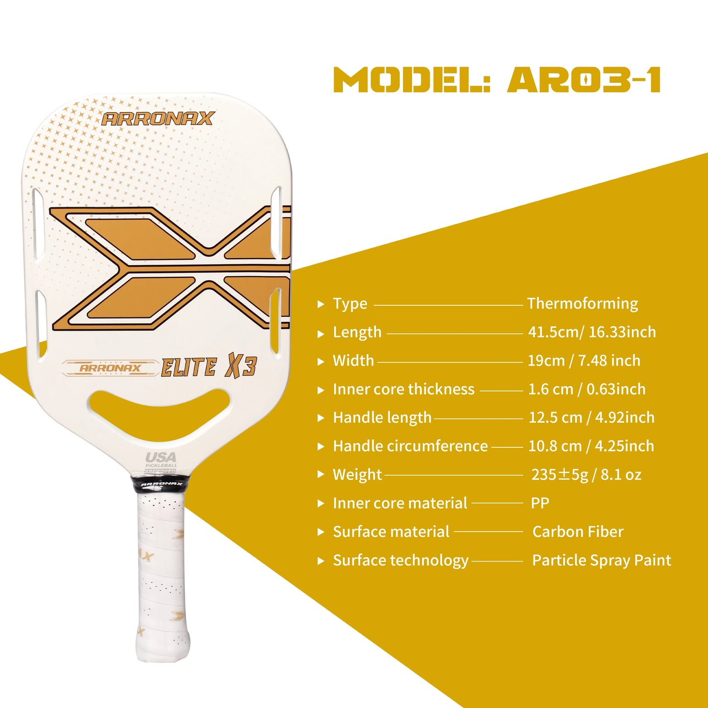 Arronax AR03 - White Pickleball Paddle Carbon Fiber